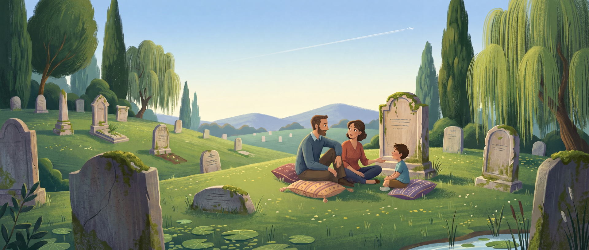 A family sharing a quiet moment in a peaceful cemetery at golden hour